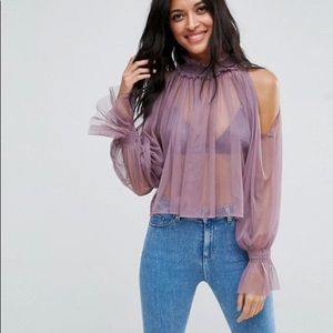 ASOS Cold Shoulder Top in Mesh with High Neck